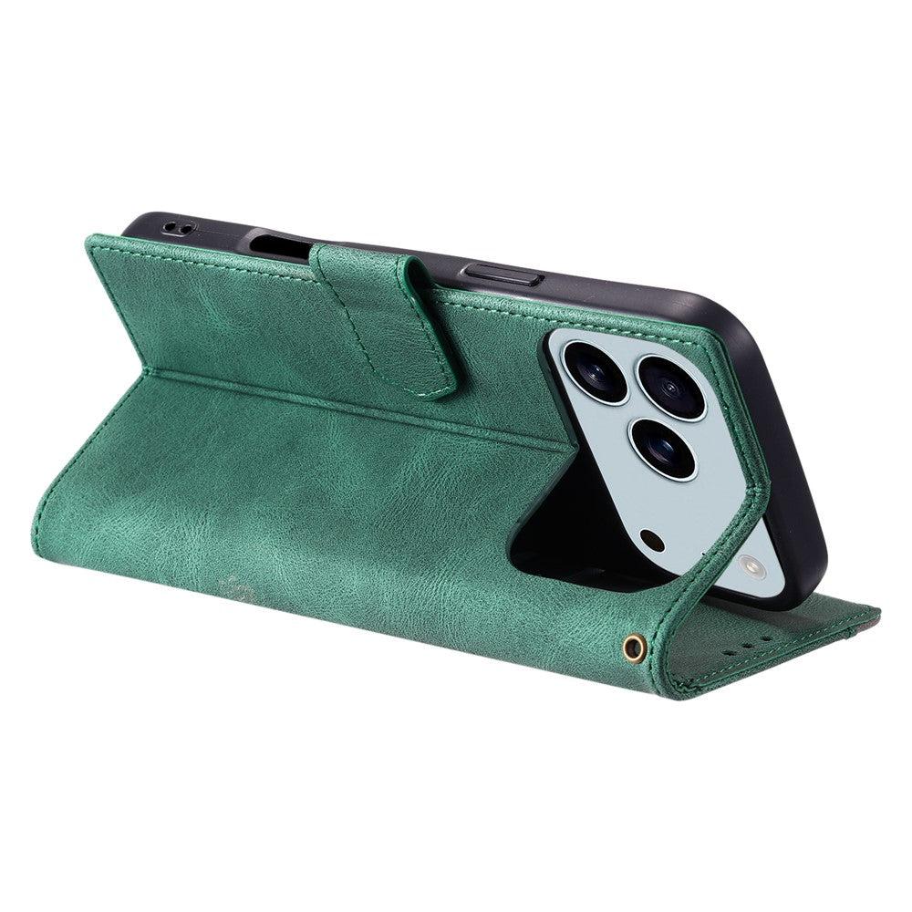 For iPhone 17 Pro Max Leather Case Splicing Stitching Wallet Phone Cover with Wrist Strap - Green