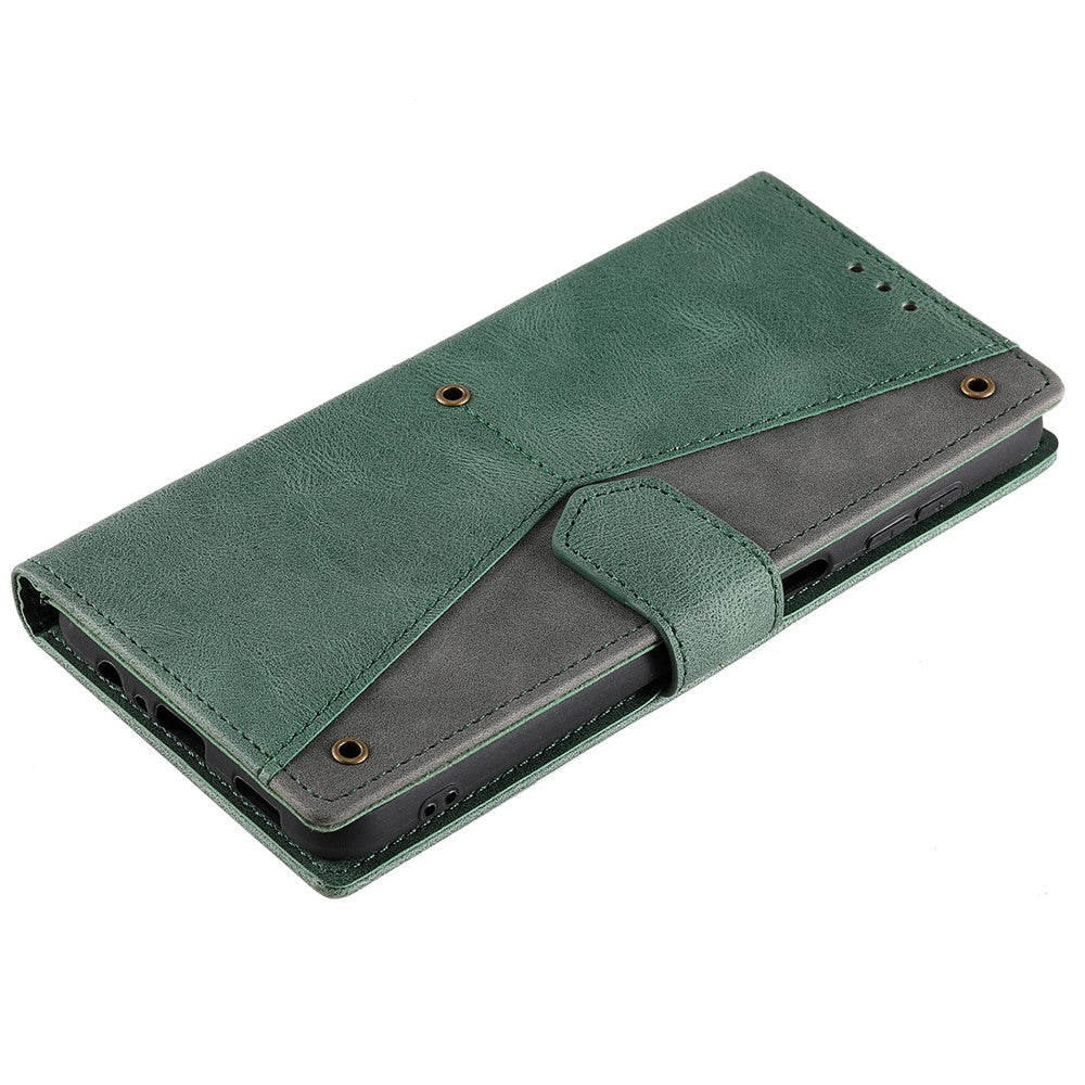 For iPhone 17 Pro Max Leather Case Splicing Stitching Wallet Phone Cover with Wrist Strap - Green