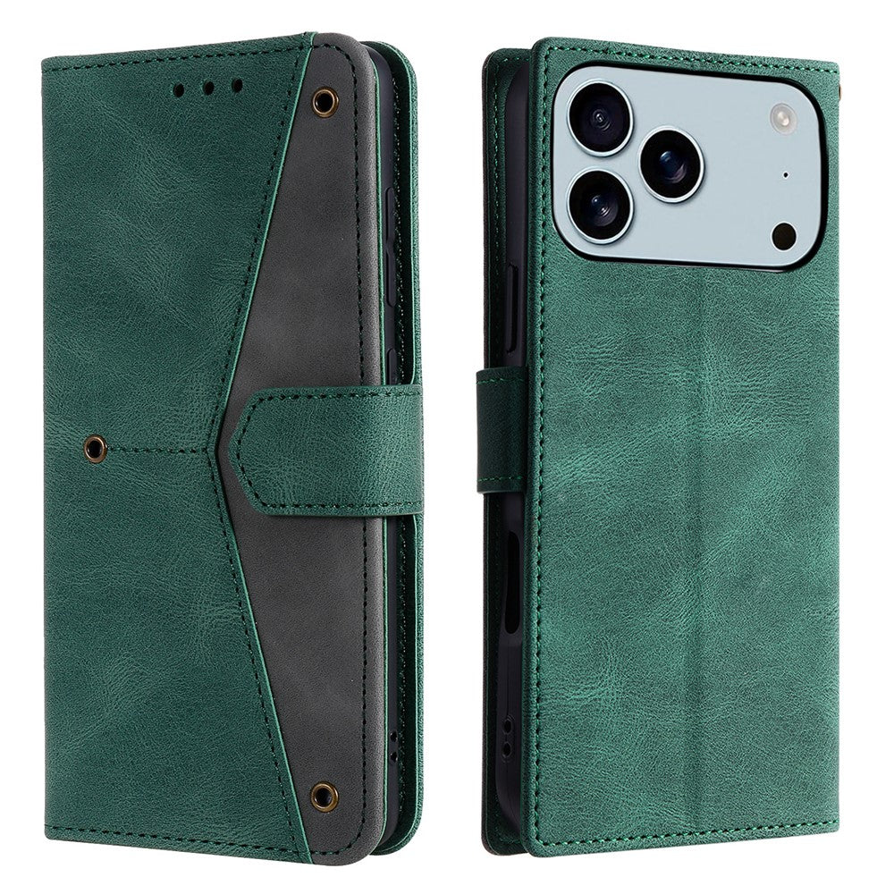 For iPhone 17 Pro Max Leather Case Splicing Stitching Wallet Phone Cover with Wrist Strap - Green