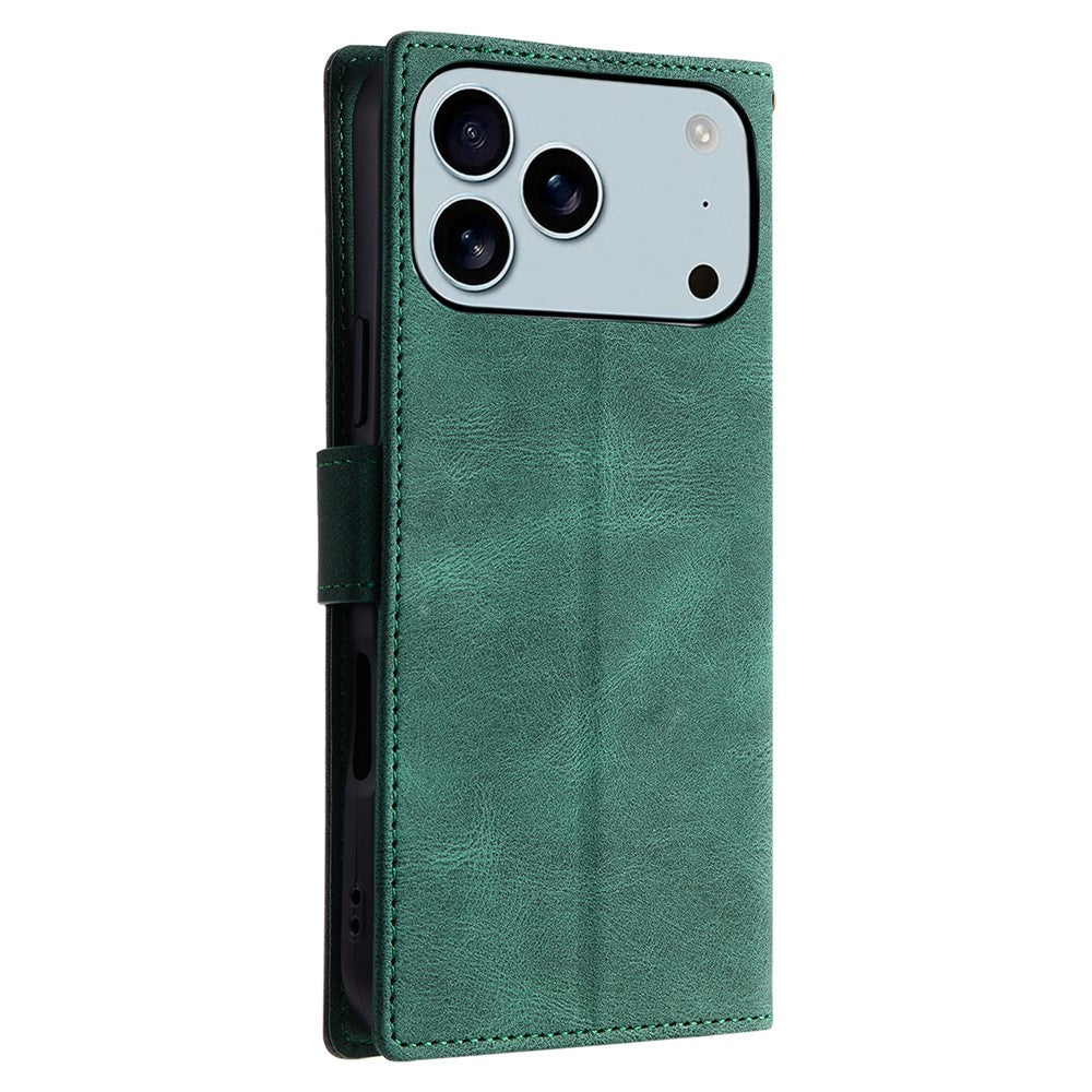 For iPhone 17 Pro Max Leather Case Splicing Stitching Wallet Phone Cover with Wrist Strap - Green