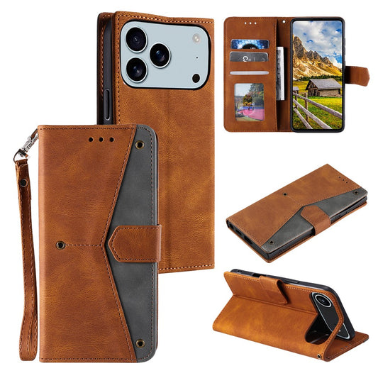 For iPhone 17 Pro Max Leather Case Splicing Stitching Wallet Phone Cover with Wrist Strap - Brown