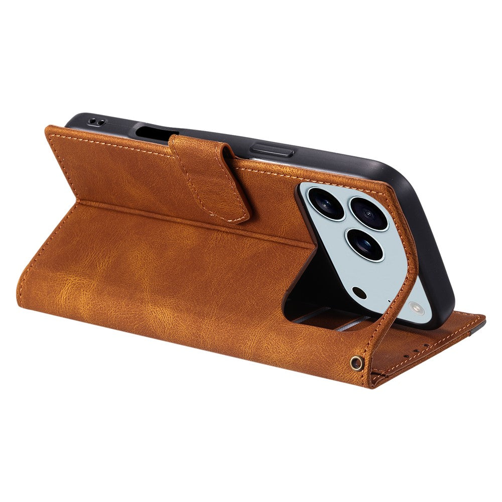 For iPhone 17 Pro Max Leather Case Splicing Stitching Wallet Phone Cover with Wrist Strap - Brown