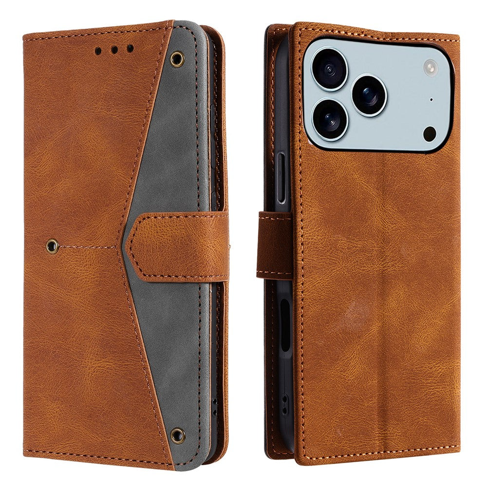 For iPhone 17 Pro Max Leather Case Splicing Stitching Wallet Phone Cover with Wrist Strap - Brown