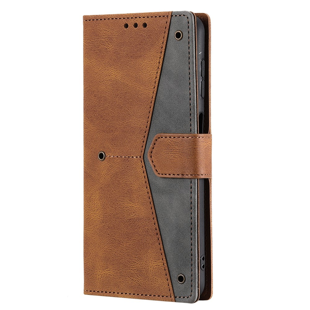 For iPhone 17 Pro Max Leather Case Splicing Stitching Wallet Phone Cover with Wrist Strap - Brown