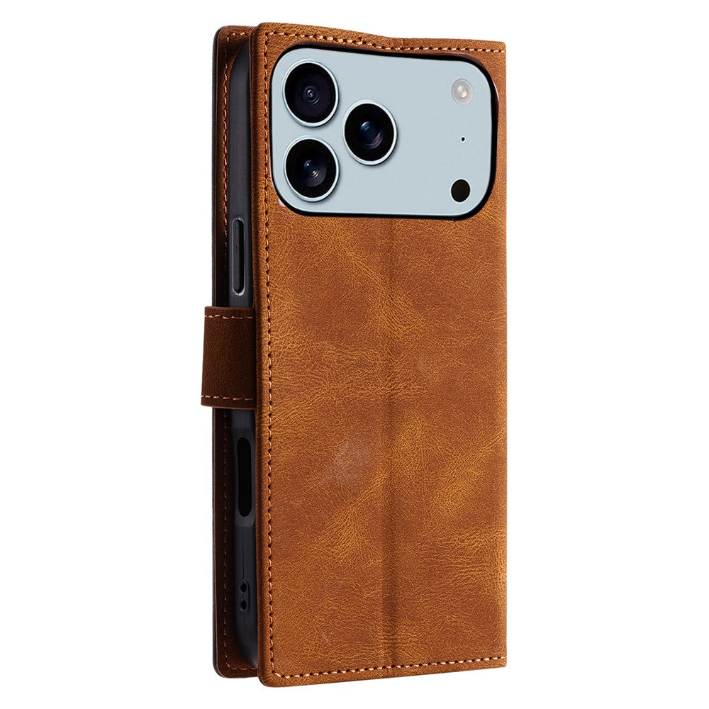 For iPhone 17 Pro Max Leather Case Splicing Stitching Wallet Phone Cover with Wrist Strap - Brown