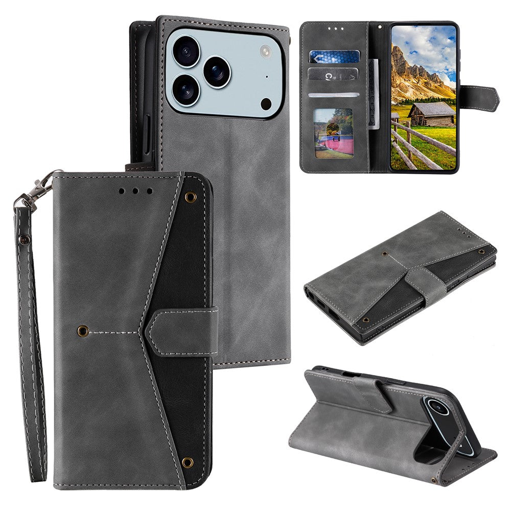 For iPhone 17 Pro Max Leather Case Splicing Stitching Wallet Phone Cover with Wrist Strap - Grey