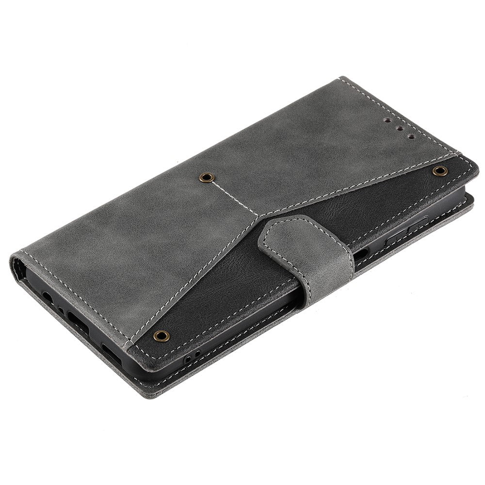 For iPhone 17 Pro Max Leather Case Splicing Stitching Wallet Phone Cover with Wrist Strap - Grey
