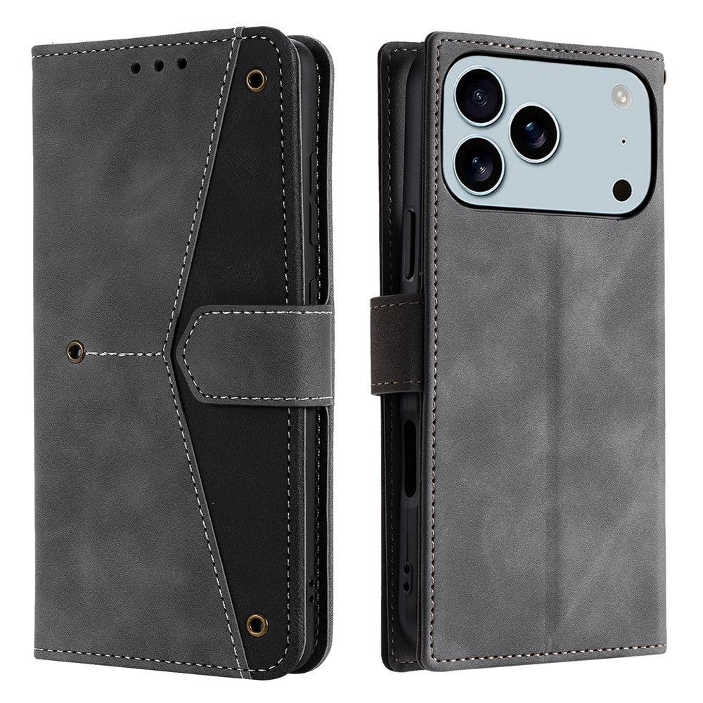 For iPhone 17 Pro Max Leather Case Splicing Stitching Wallet Phone Cover with Wrist Strap - Grey