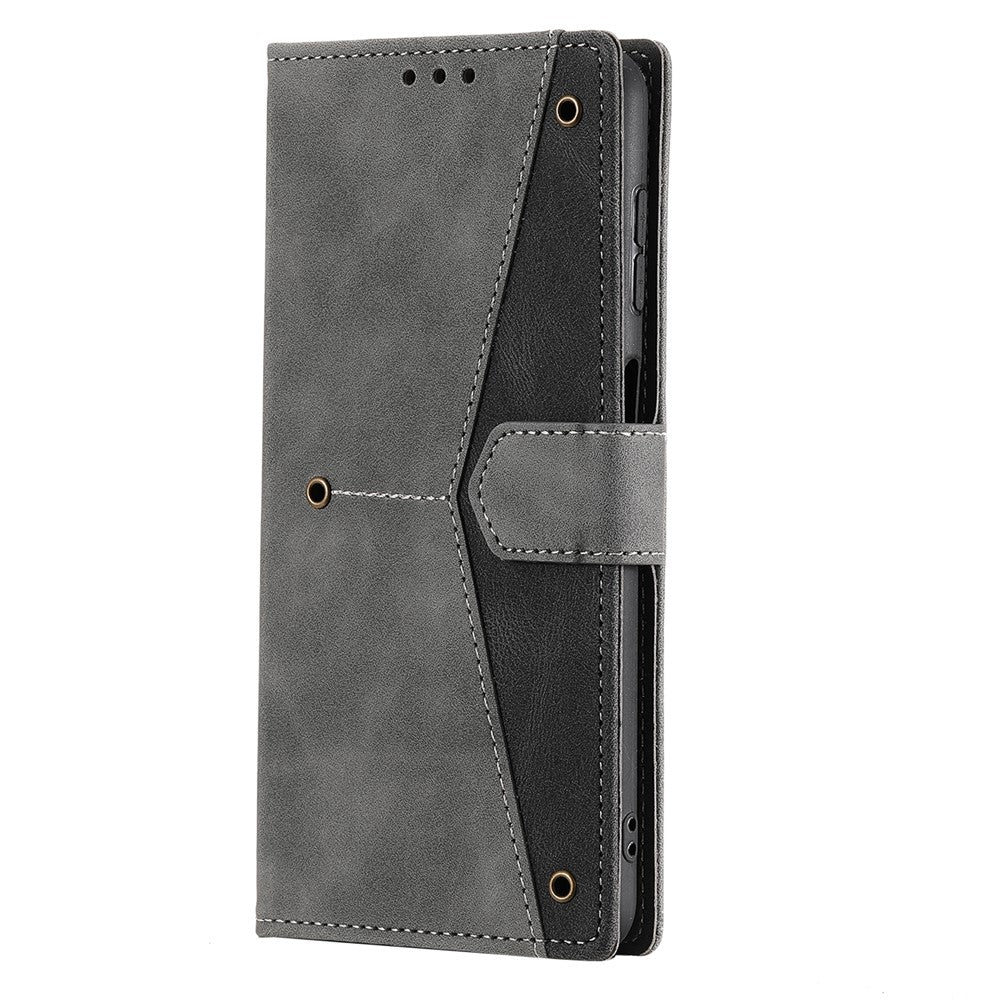 For iPhone 17 Pro Max Leather Case Splicing Stitching Wallet Phone Cover with Wrist Strap - Grey