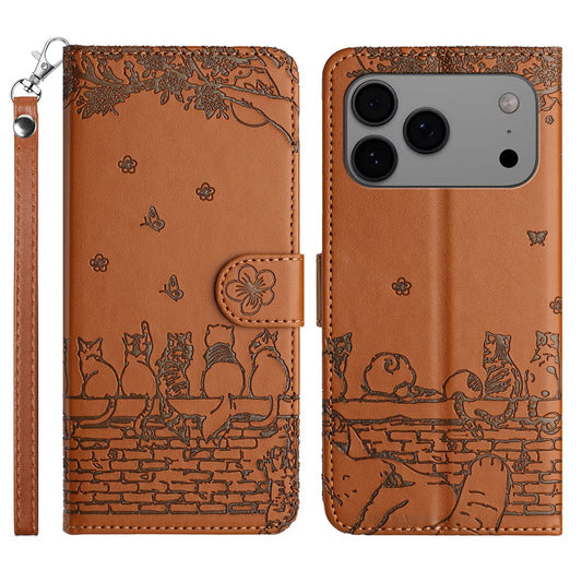 For iPhone 17 Pro Max Case with Wrist Strap Leather Phone Cover Wall Cats Pattern - Brown
