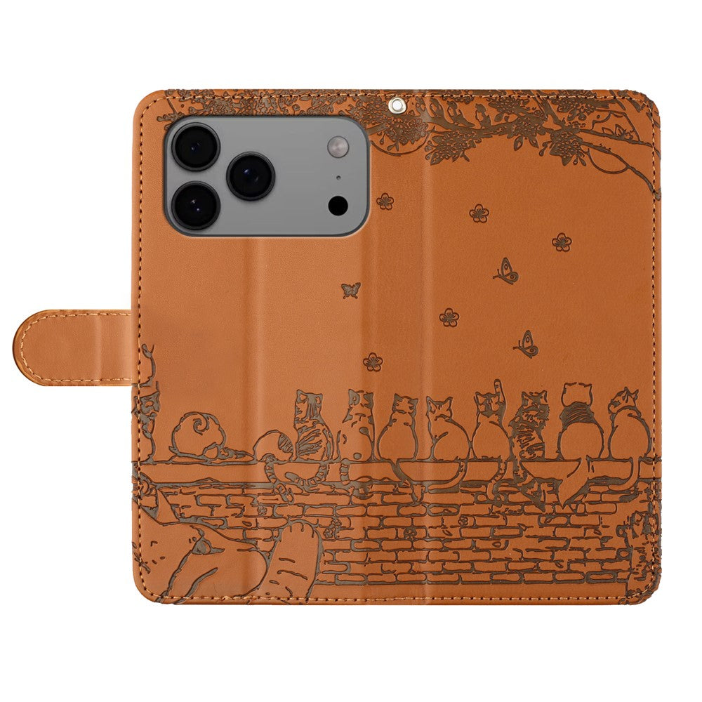 For iPhone 17 Pro Max Case with Wrist Strap Leather Phone Cover Wall Cats Pattern - Brown