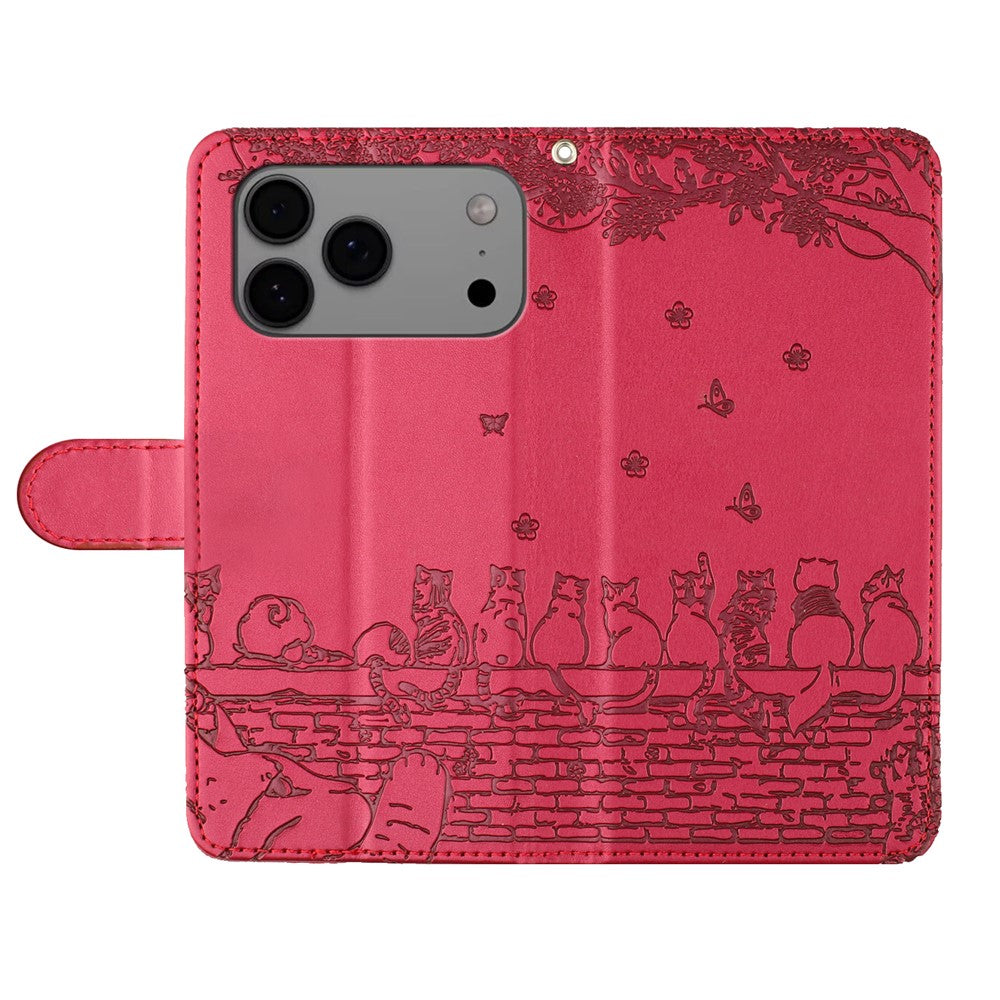 For iPhone 17 Pro Max Case with Wrist Strap Leather Phone Cover Wall Cats Pattern - Red