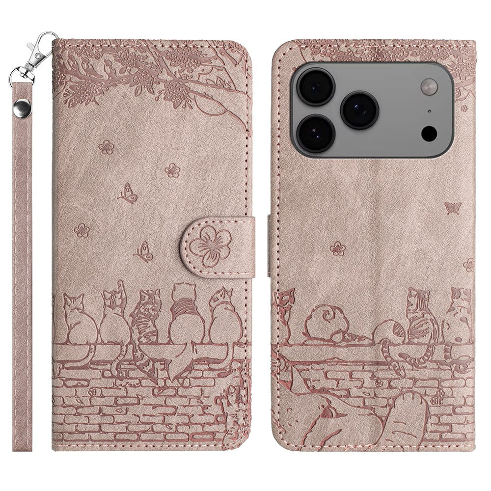 For iPhone 17 Pro Max Case with Wrist Strap Leather Phone Cover Wall Cats Pattern - Smoky Purple