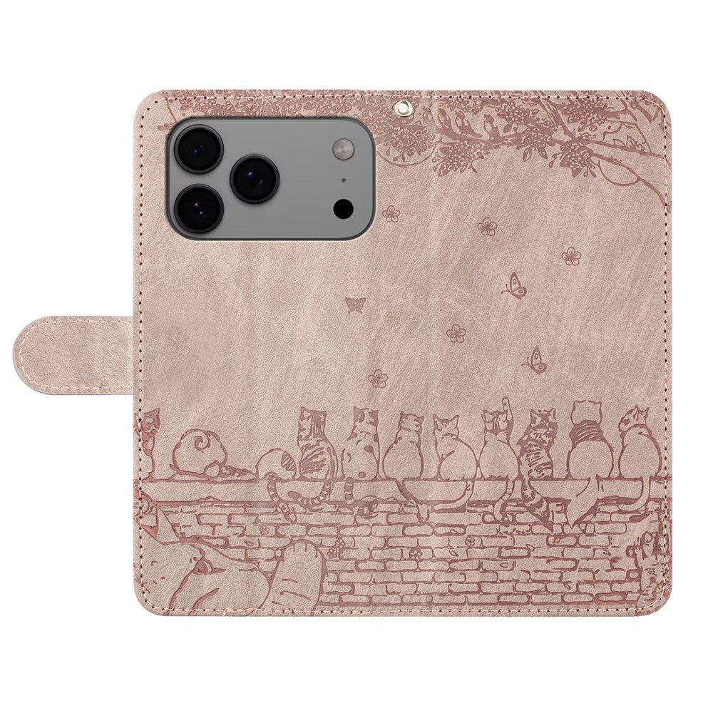 For iPhone 17 Pro Max Case with Wrist Strap Leather Phone Cover Wall Cats Pattern - Smoky Purple