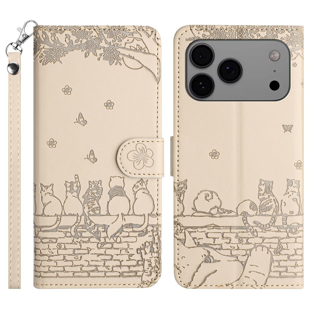 For iPhone 17 Pro Max Case with Wrist Strap Leather Phone Cover Wall Cats Pattern - Apricot