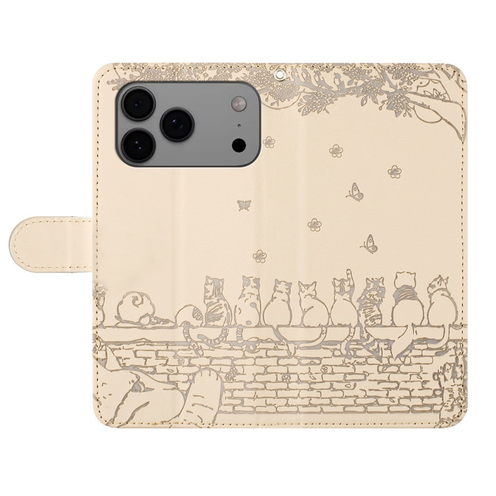 For iPhone 17 Pro Max Case with Wrist Strap Leather Phone Cover Wall Cats Pattern - Apricot