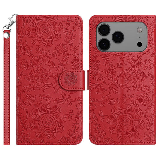 For iPhone 17 Pro Max Case Flower Imprint Leather Flip Wallet Phone Cover with Wrist Strap - Red