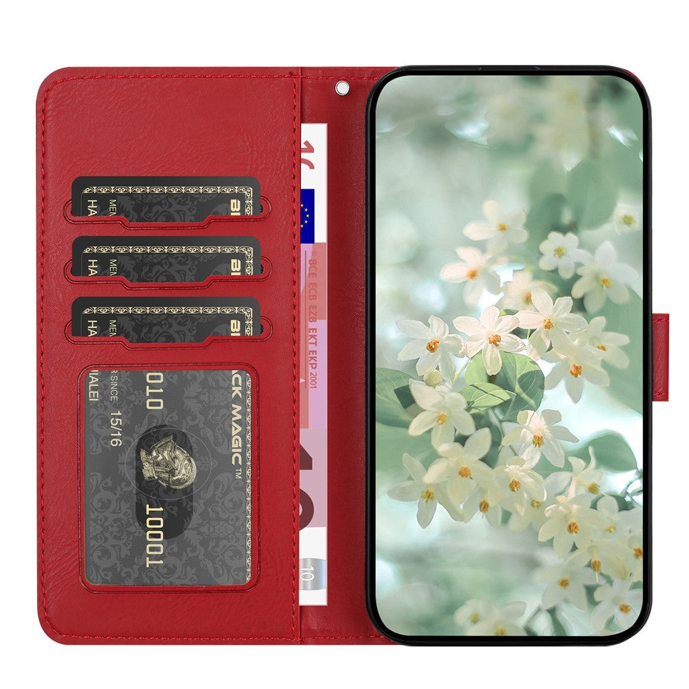 For iPhone 17 Pro Max Case Flower Imprint Leather Flip Wallet Phone Cover with Wrist Strap - Red
