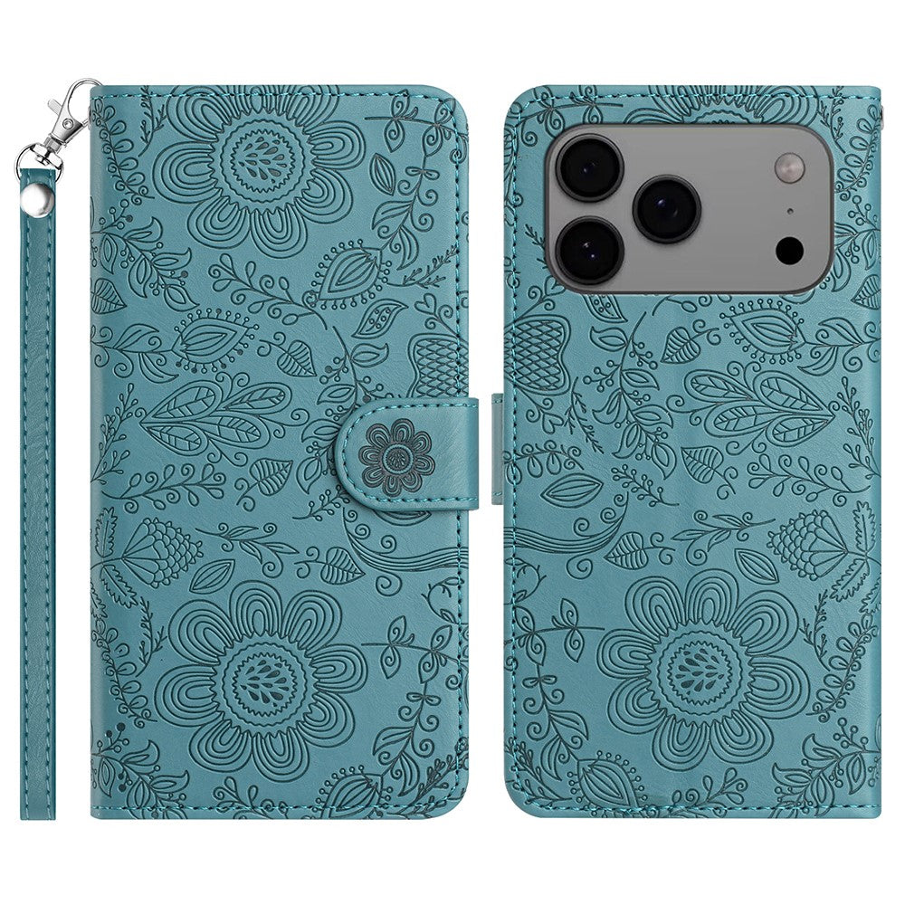 For iPhone 17 Pro Max Case Flower Imprint Leather Flip Wallet Phone Cover with Wrist Strap - Blackish Green