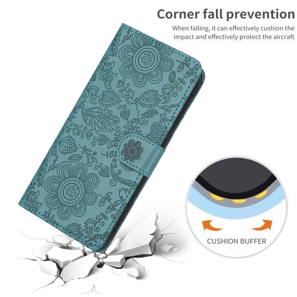 For iPhone 17 Pro Max Case Flower Imprint Leather Flip Wallet Phone Cover with Wrist Strap - Blackish Green