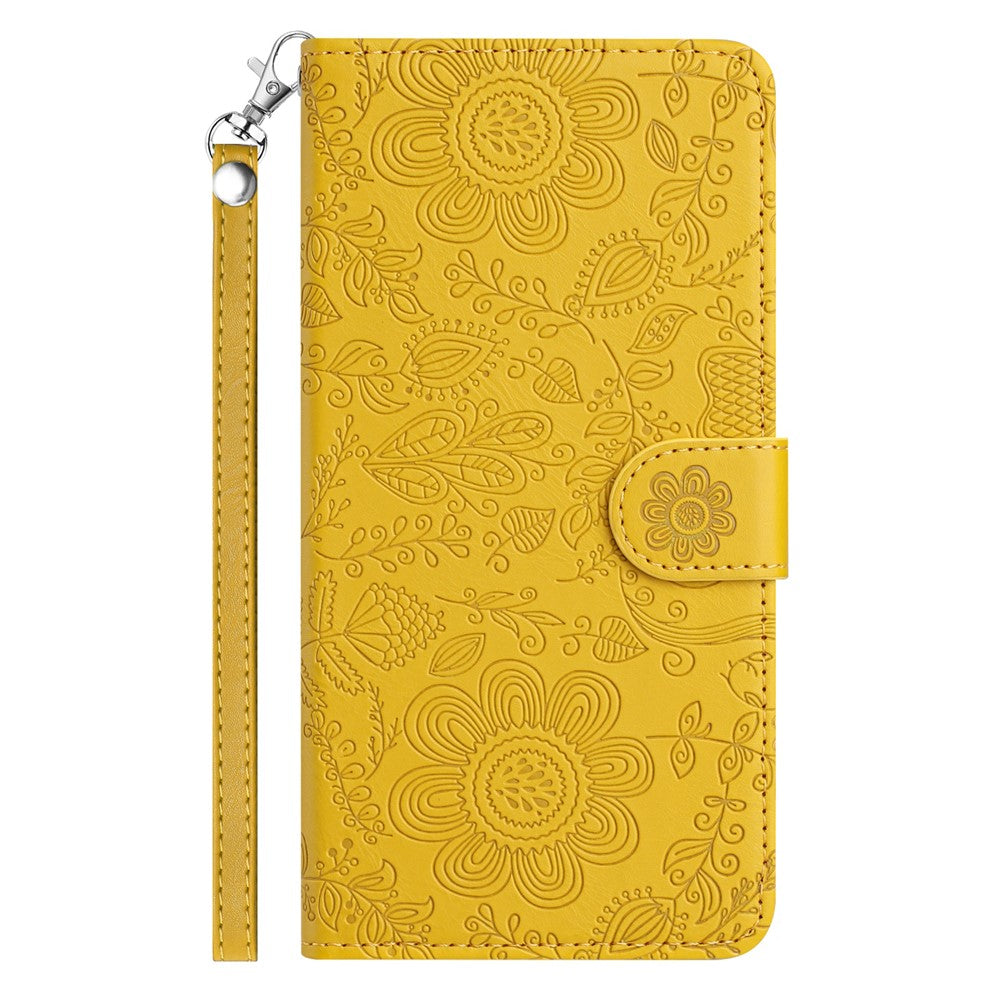 For iPhone 17 Pro Max Case Flower Imprint Leather Flip Wallet Phone Cover with Wrist Strap - Yellow