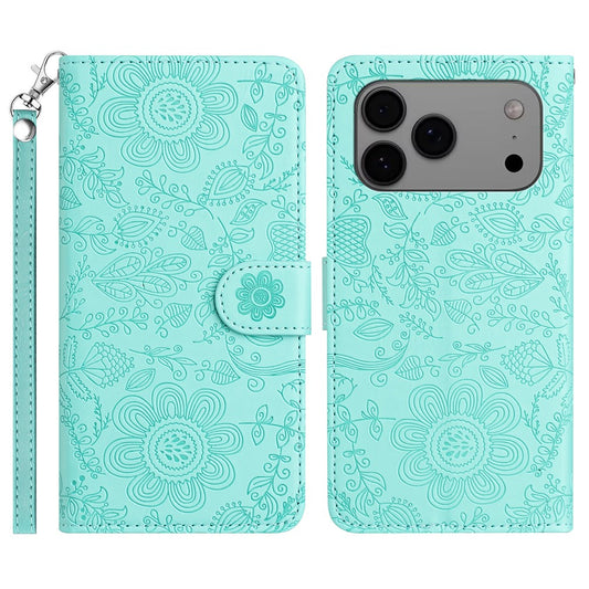 For iPhone 17 Pro Max Case Flower Imprint Leather Flip Wallet Phone Cover with Wrist Strap - Light Green