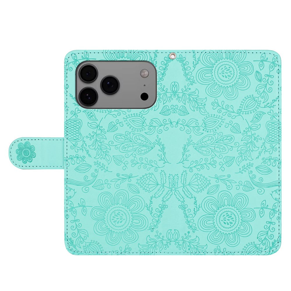 For iPhone 17 Pro Max Case Flower Imprint Leather Flip Wallet Phone Cover with Wrist Strap - Light Green