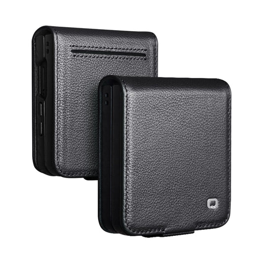 QIALINO For Samsung Galaxy Z Flip7 5G Case Card Holder Genuine Cow Leather Phone Cover - Black