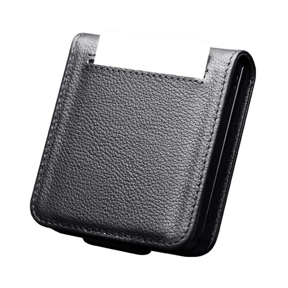 QIALINO For Samsung Galaxy Z Flip7 5G Case Card Holder Genuine Cow Leather Phone Cover - Black