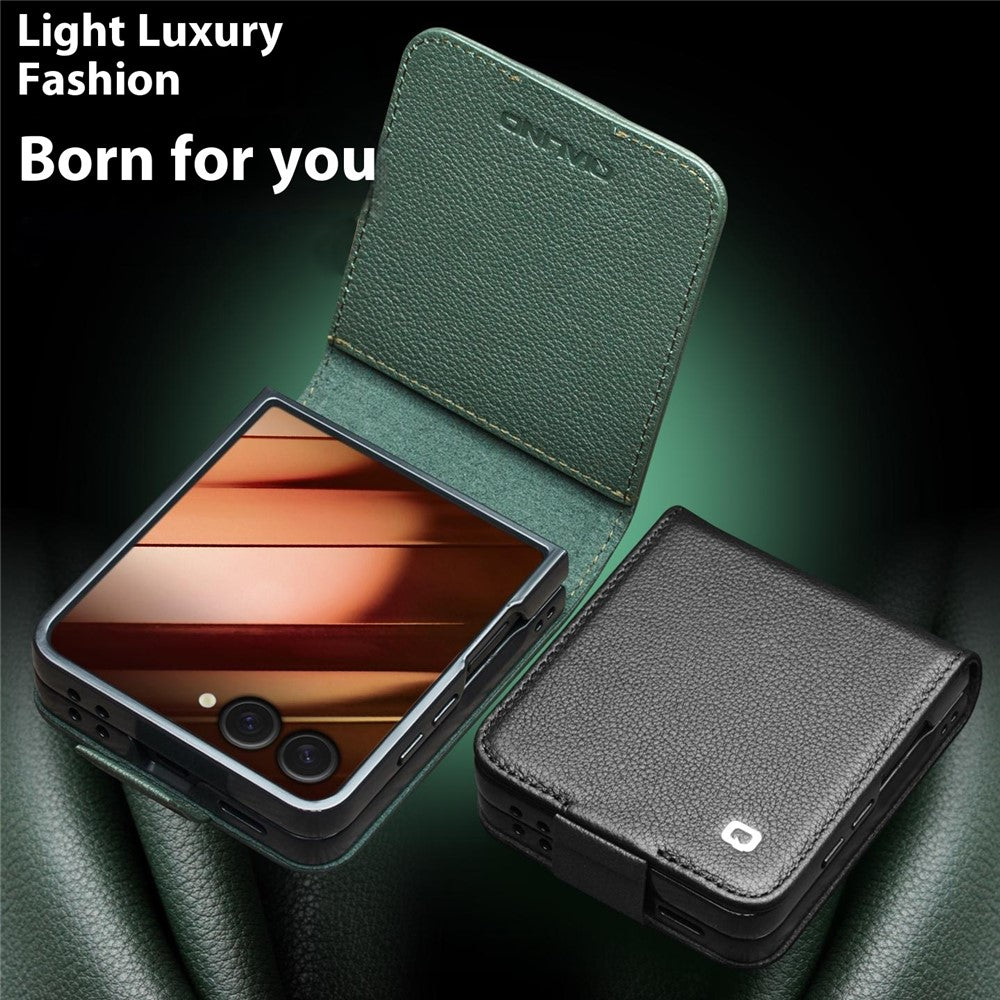 QIALINO For Samsung Galaxy Z Flip7 5G Case Card Holder Genuine Cow Leather Phone Cover - Black