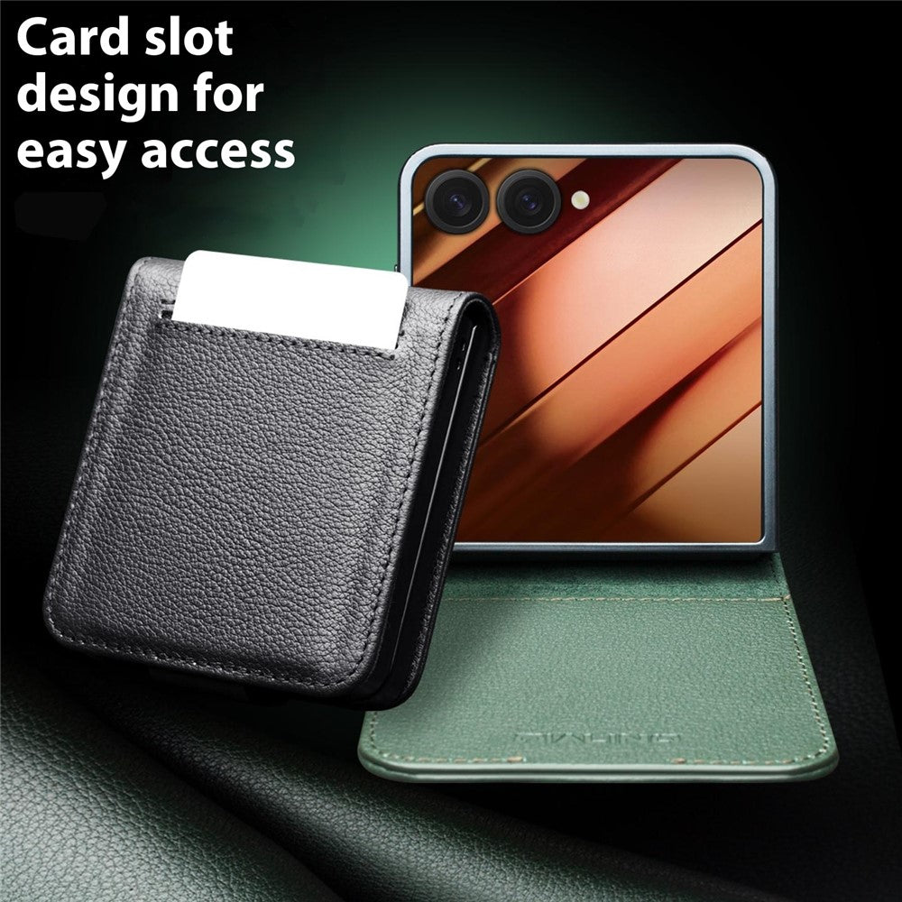 QIALINO For Samsung Galaxy Z Flip7 5G Case Card Holder Genuine Cow Leather Phone Cover - Black