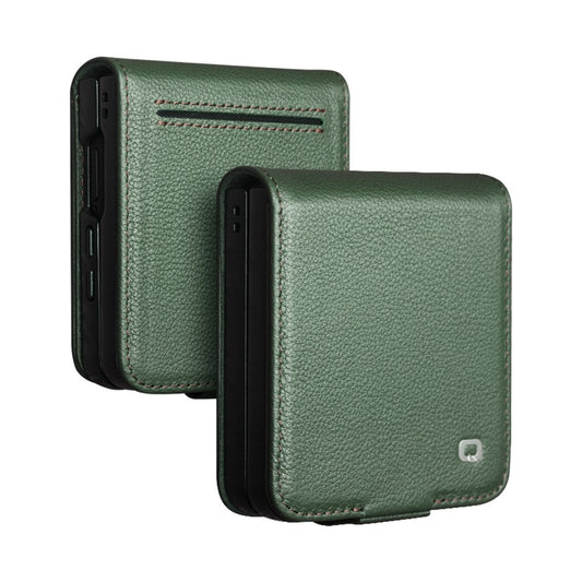 QIALINO For Samsung Galaxy Z Flip7 5G Case Card Holder Genuine Cow Leather Phone Cover - Green