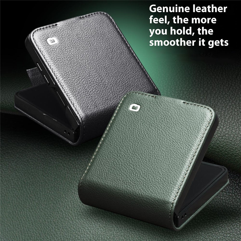 QIALINO For Samsung Galaxy Z Flip7 5G Case Card Holder Genuine Cow Leather Phone Cover - Green