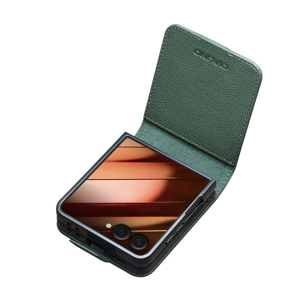 QIALINO For Samsung Galaxy Z Flip7 5G Case Card Holder Genuine Cow Leather Phone Cover - Green