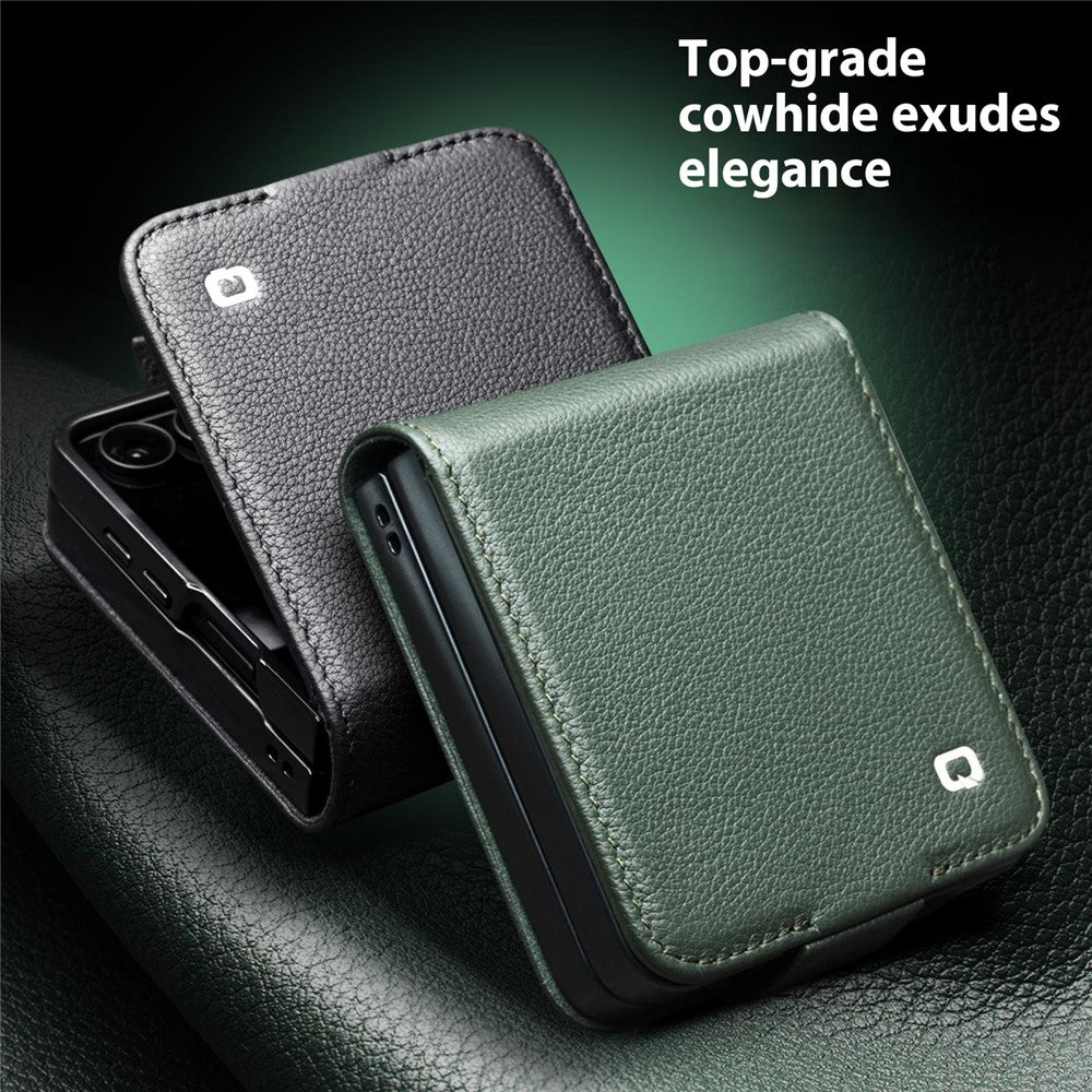 QIALINO For Samsung Galaxy Z Flip7 5G Case Card Holder Genuine Cow Leather Phone Cover - Green