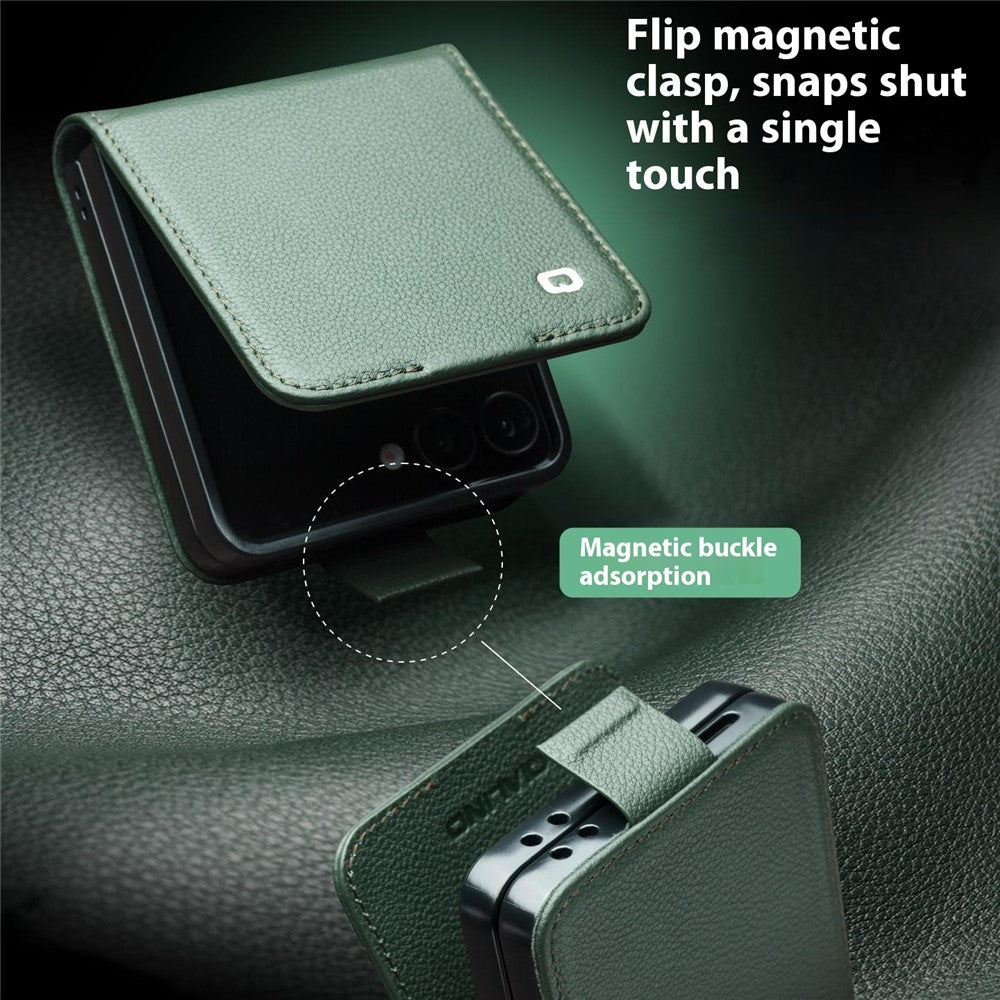 QIALINO For Samsung Galaxy Z Flip7 5G Case Card Holder Genuine Cow Leather Phone Cover - Green
