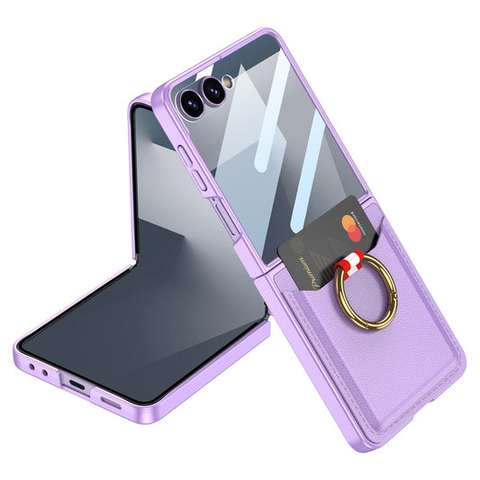GKK For Samsung Galaxy Z Flip7 5G Case with Ring Kickstand / Card Holder PC + Tempered Glass Phone Back Cover - Purple