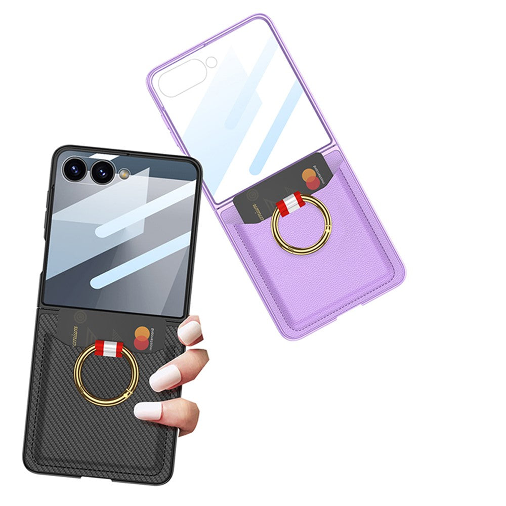 GKK For Samsung Galaxy Z Flip7 5G Case with Ring Kickstand / Card Holder PC + Tempered Glass Phone Back Cover - Black