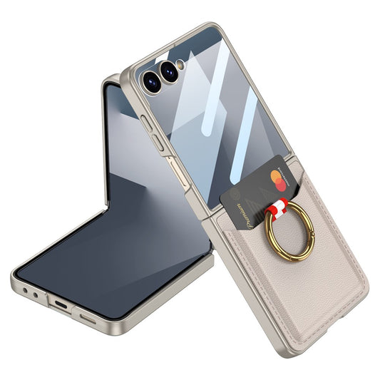 GKK For Samsung Galaxy Z Flip7 5G Case with Ring Kickstand / Card Holder PC + Tempered Glass Phone Back Cover - Titanium Grey
