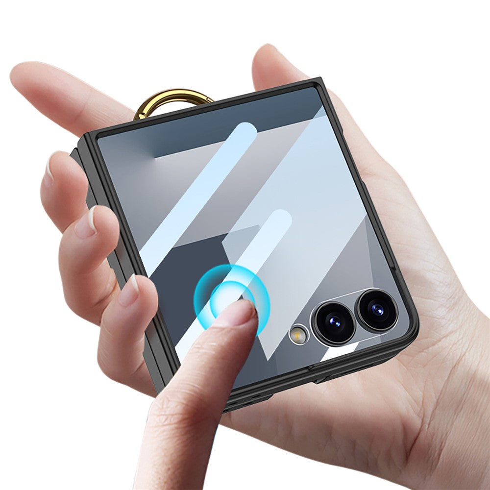 GKK For Samsung Galaxy Z Flip7 5G Case with Ring Kickstand / Card Holder PC + Tempered Glass Phone Back Cover - Titanium Grey