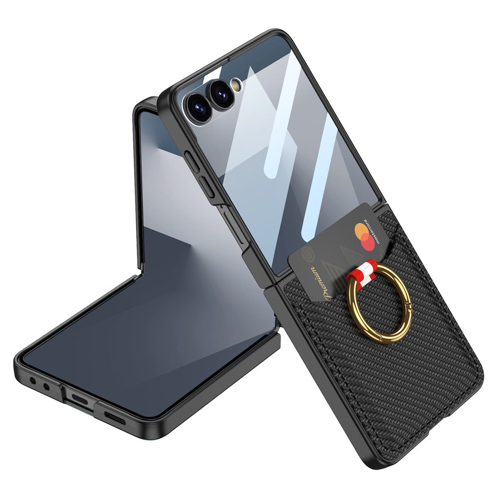 GKK For Samsung Galaxy Z Flip7 5G Case with Ring Kickstand / Card Holder PC + Tempered Glass Phone Back Cover - Carbon Fiber Texture