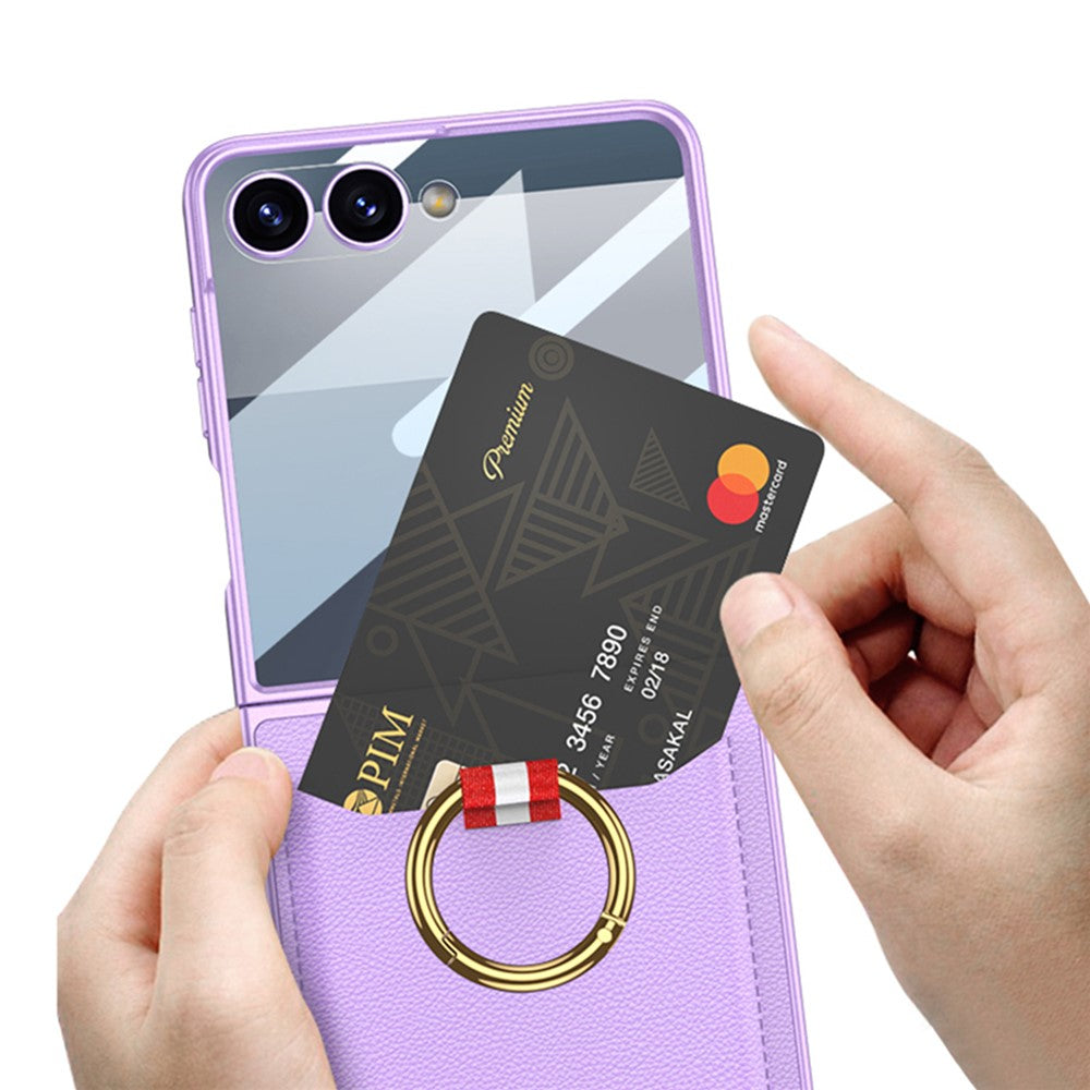 GKK For Samsung Galaxy Z Flip7 5G Case with Ring Kickstand / Card Holder PC + Tempered Glass Phone Back Cover - Carbon Fiber Texture