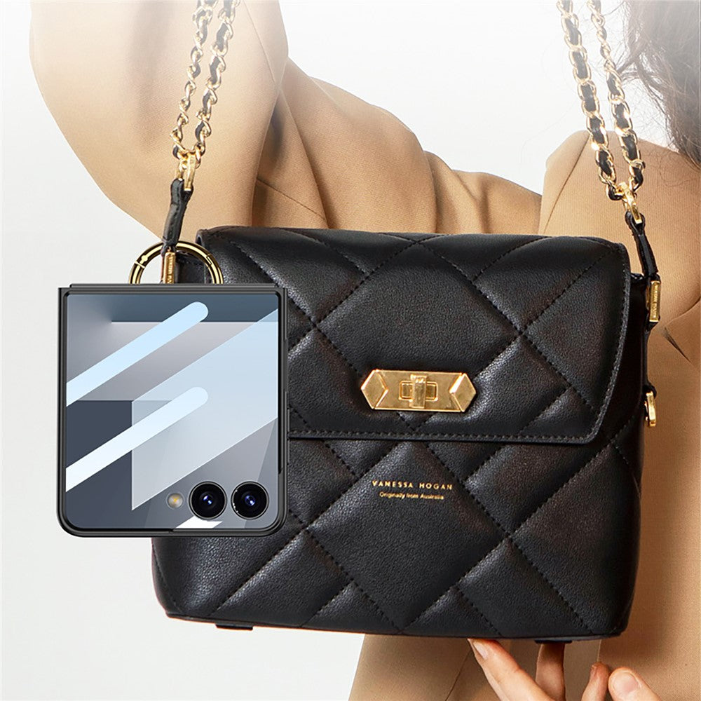 GKK For Samsung Galaxy Z Flip7 5G Case with Ring Kickstand / Card Holder PC + Tempered Glass Phone Back Cover - Carbon Fiber Texture