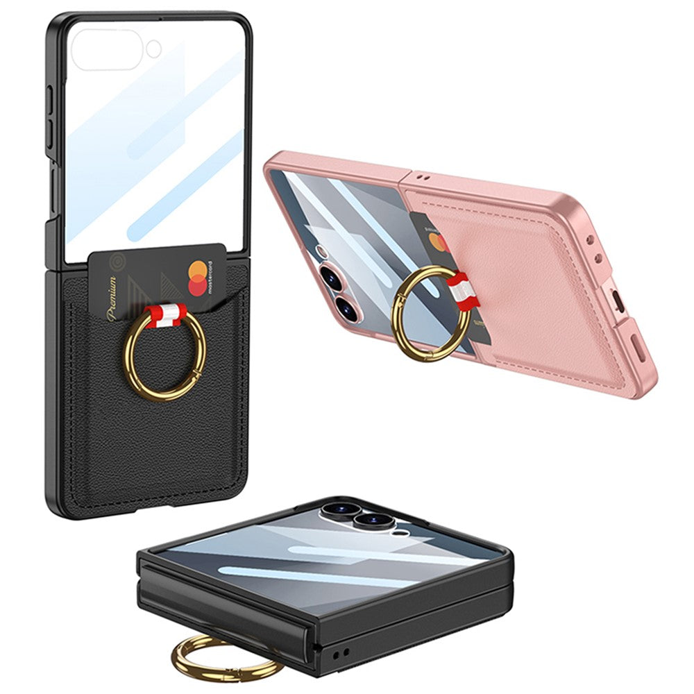 GKK For Samsung Galaxy Z Flip7 5G Case with Ring Kickstand / Card Holder PC + Tempered Glass Phone Back Cover - Pink
