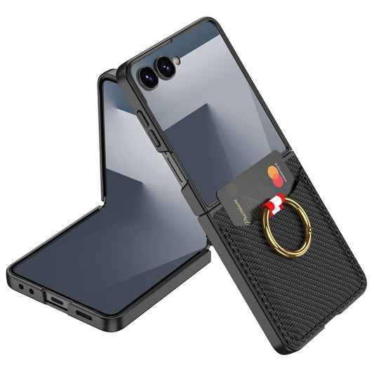 GKK For Samsung Galaxy Z Flip7 5G Case with Ring Kickstand / Card Holder PC Phone Back Cover - Carbon Fiber Texture