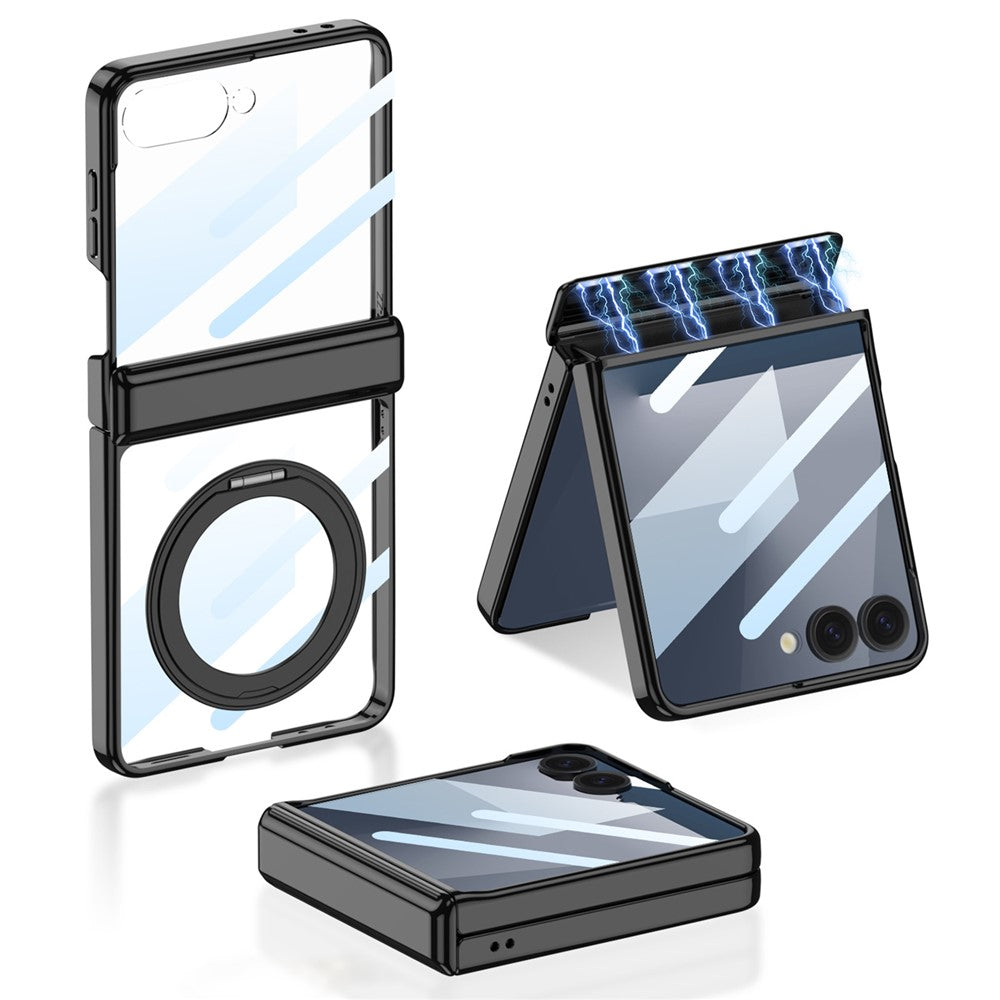 GKK For Samsung Galaxy Z Flip7 5G Case with Kickstand Magnetic Hinge Protection PC Tempered Glass Phone Cover - Black