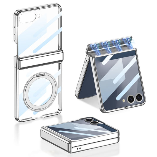 GKK For Samsung Galaxy Z Flip7 5G Case with Kickstand Magnetic Hinge Protection PC Tempered Glass Phone Cover - Silver