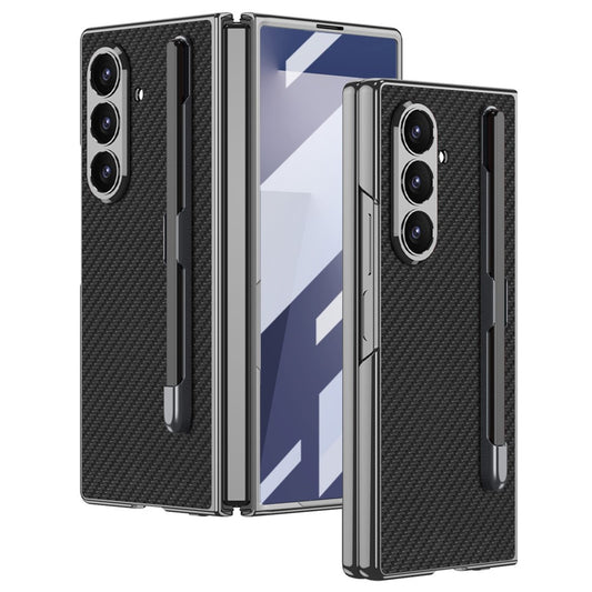 GKK For Samsung Galaxy Z Fold7 5G Case with Stylus Slot Electroplating PU PC Tempered Glass Phone Cover - Carbon Fiber Texture