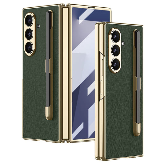 GKK For Samsung Galaxy Z Fold7 5G Case with Stylus Slot Electroplating PU PC Tempered Glass Phone Cover - Green