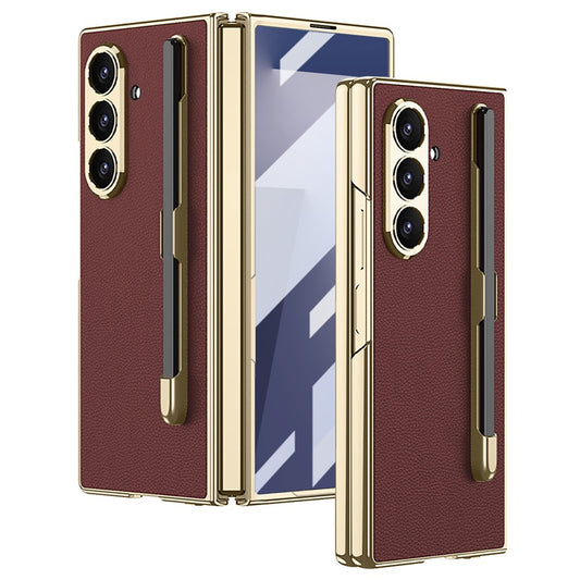 GKK For Samsung Galaxy Z Fold7 5G Case with Stylus Slot Electroplating PU PC Tempered Glass Phone Cover - Wine Red